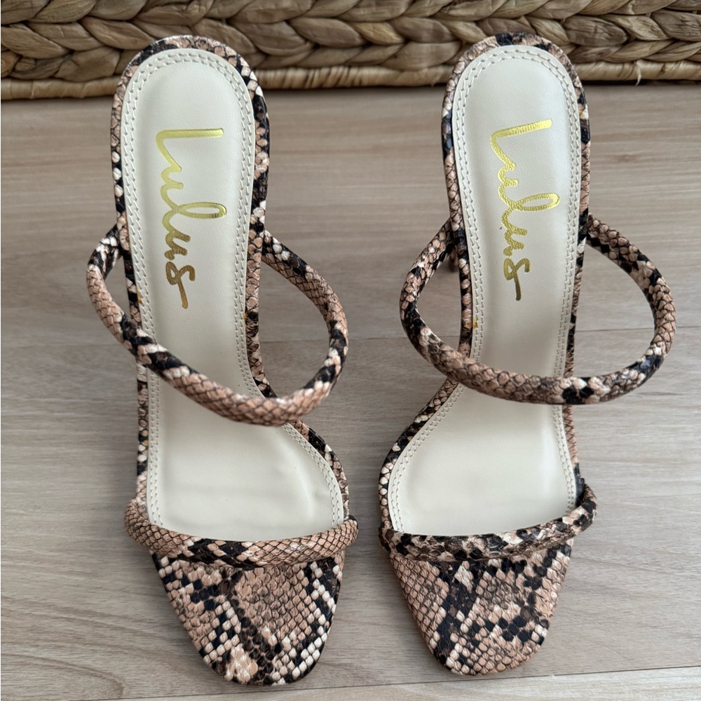 NWB! Lulu's Theyaa Tan Snake-Embossed Square-Toe High Heel Sandals - Picture 6 of 11